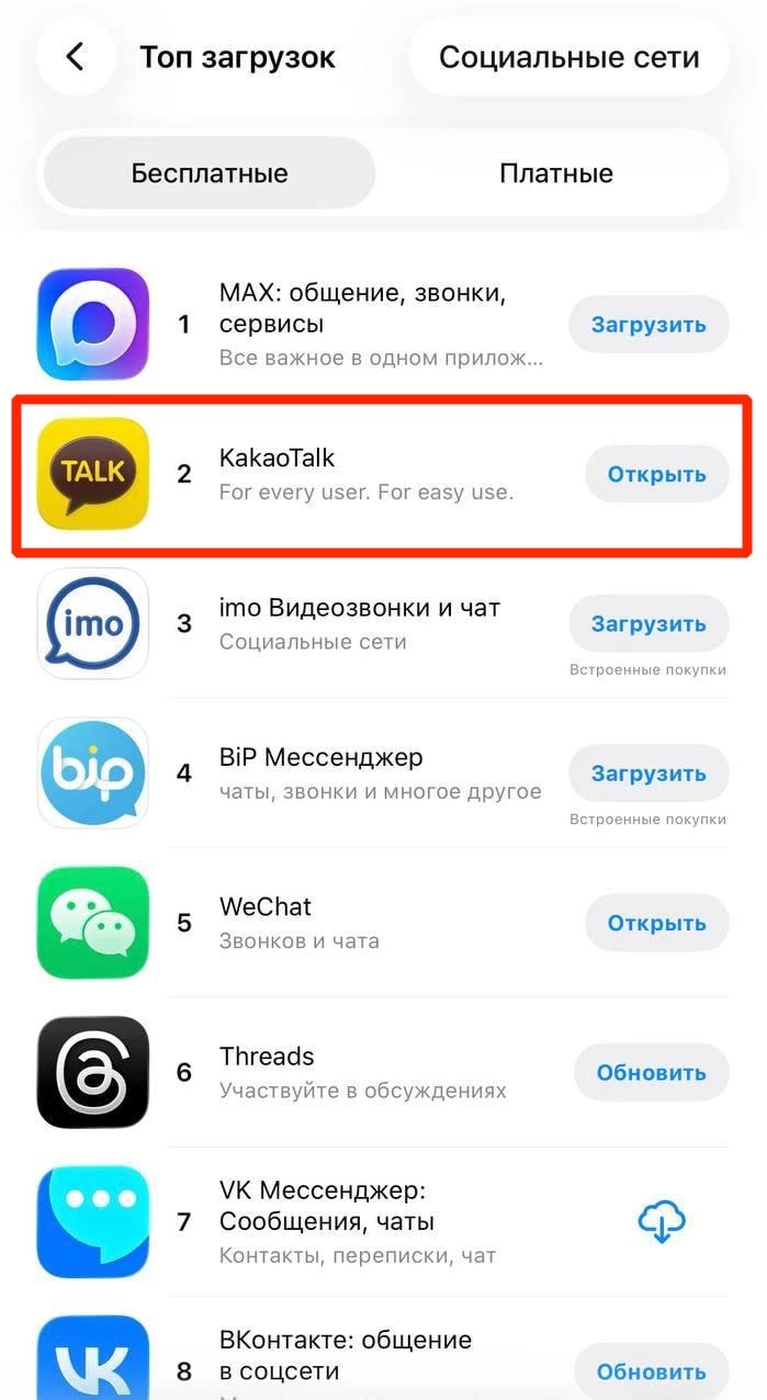 KakaoTalk взлетел на 2-е место в App Store России
