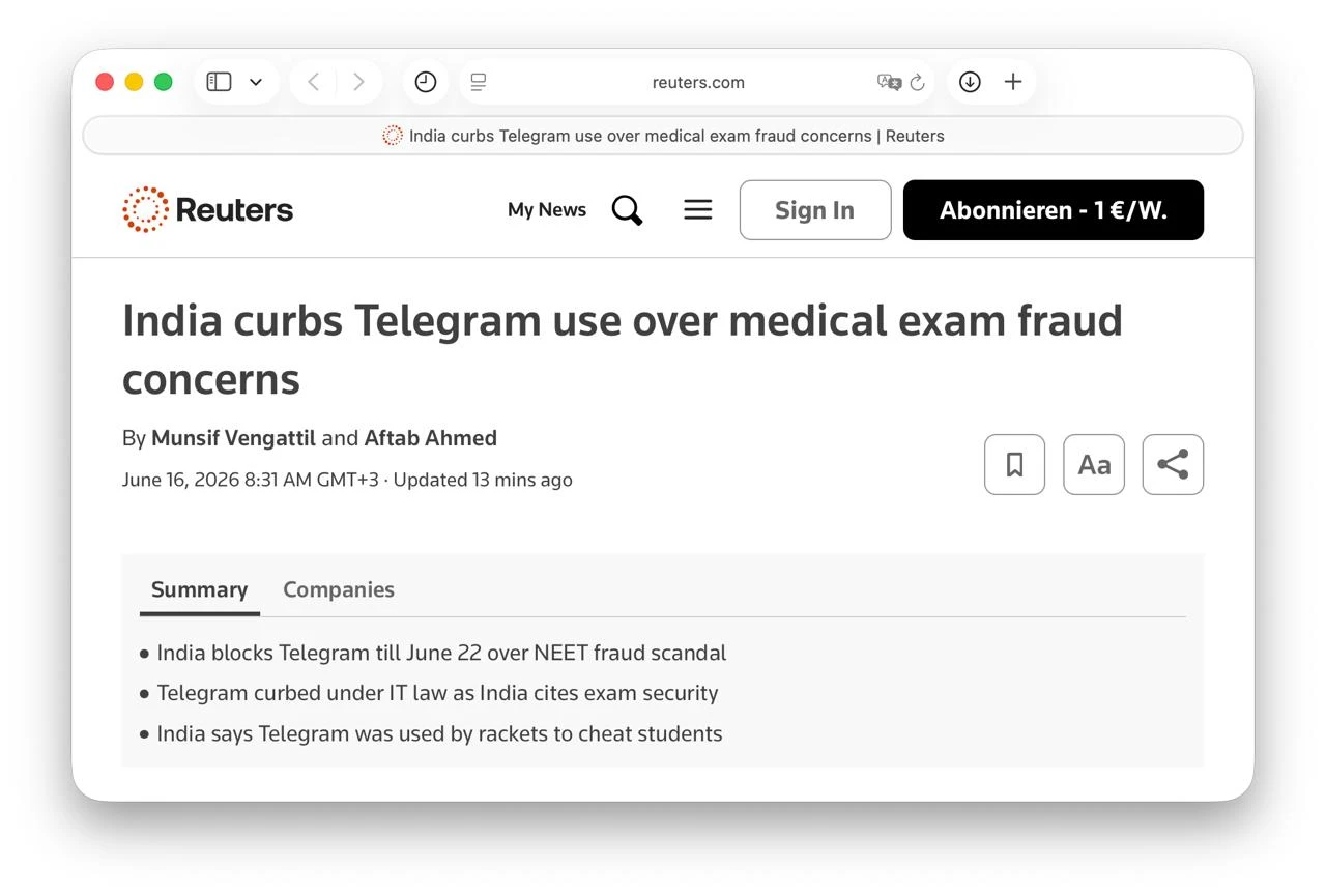 📵 Telegram временно заблокировали в Индии
