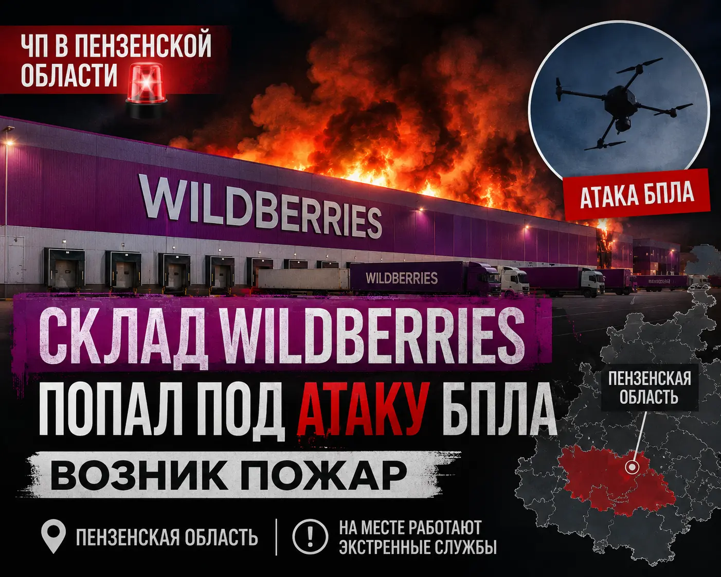 Склад Wildberries в Пензенской области попал под атаку БПЛА — возник пожар, есть пострадавший