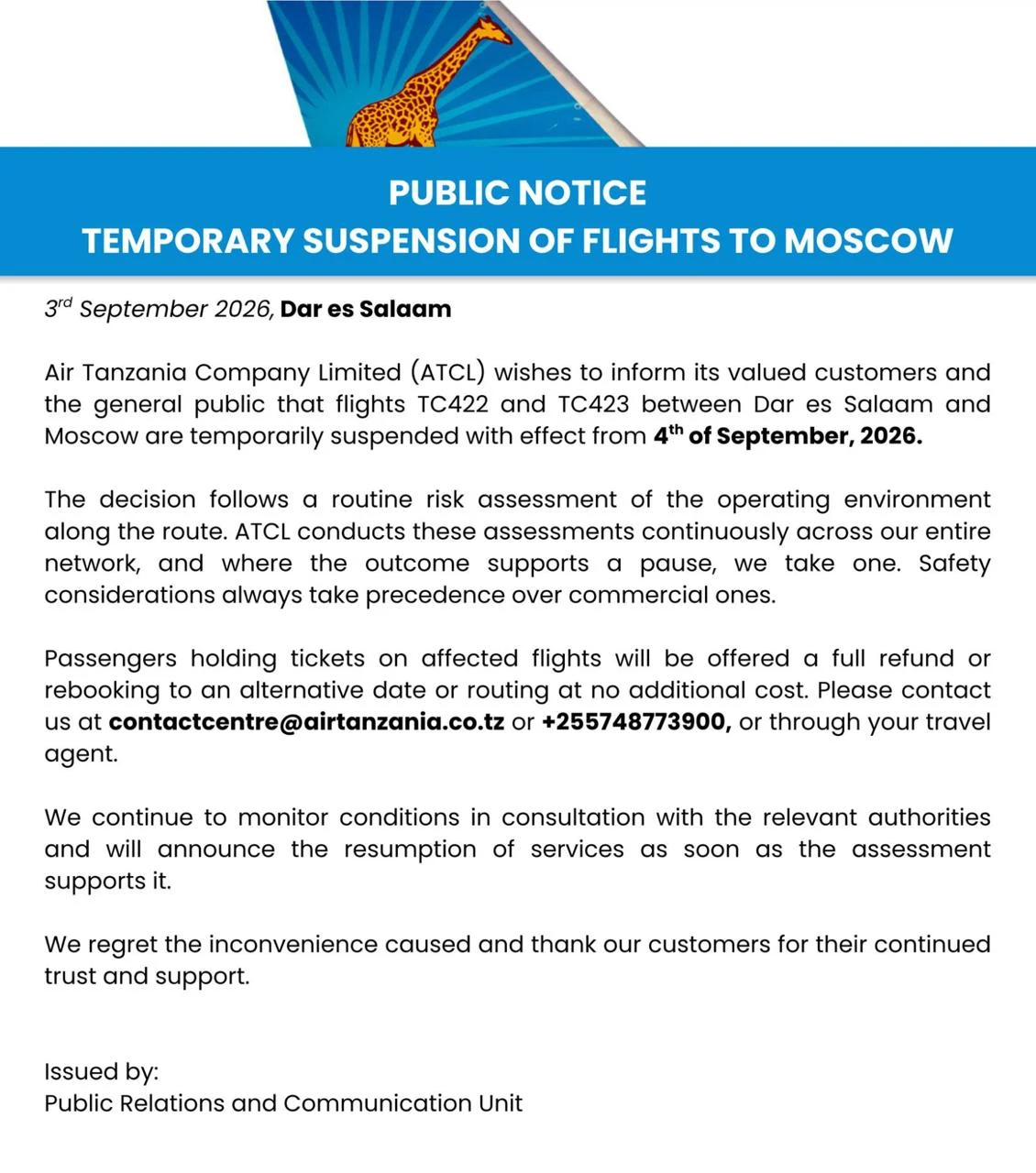 Air Tanzania остановила рейсы в Россию — после двух месяцев работы